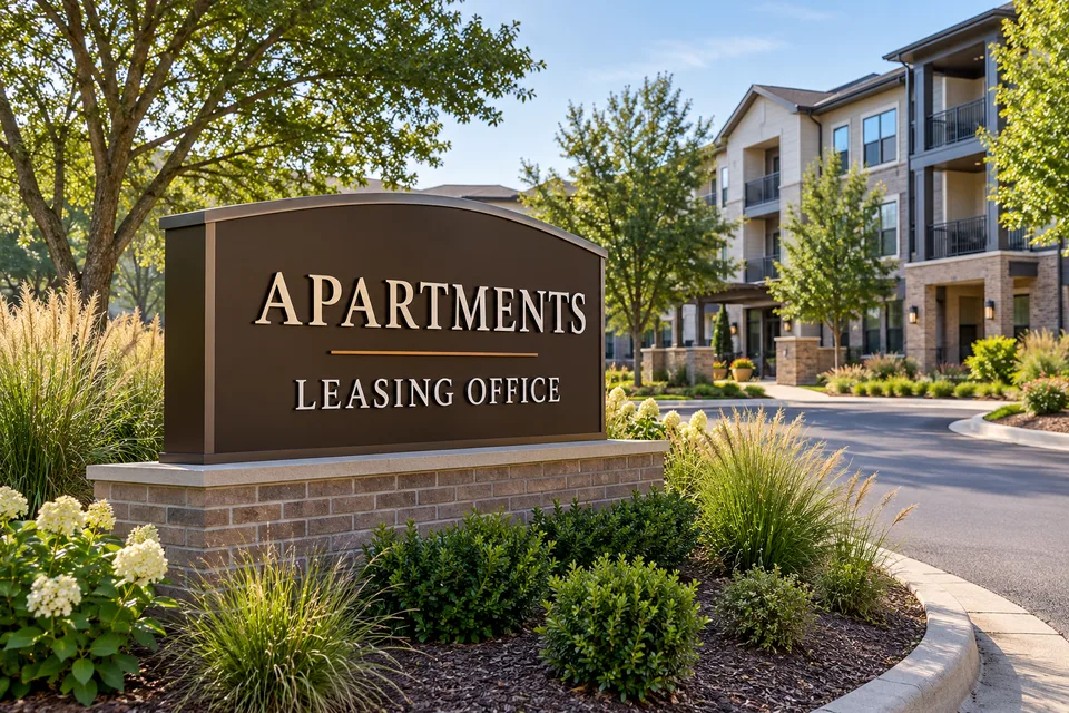 High Point Apartment Signs — Raised apartment and leasing office lettering on a bronze sign beside residential buildings and an entrance drive