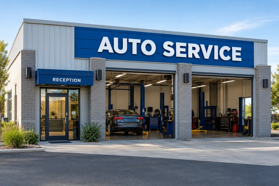 High Point Automotive Signs — White dimensional AUTO SERVICE letters on a blue repair-shop facade above service bays and a separately marked reception entrance