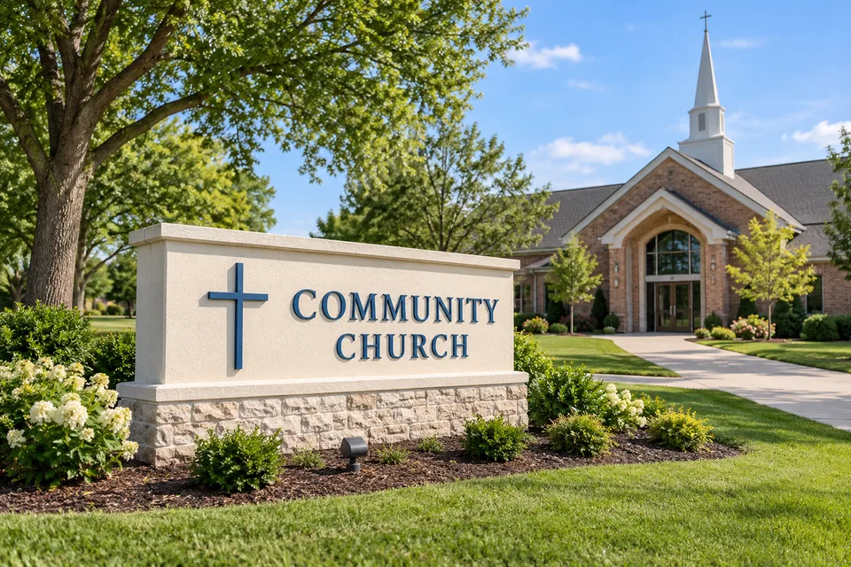 High Point Church Signs — Blue dimensional community church lettering and a cross on a cream masonry sign in front of a brick church