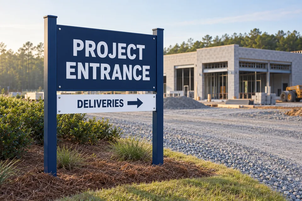 High Point Construction Signs — post-and-panel project entrance and delivery direction signs