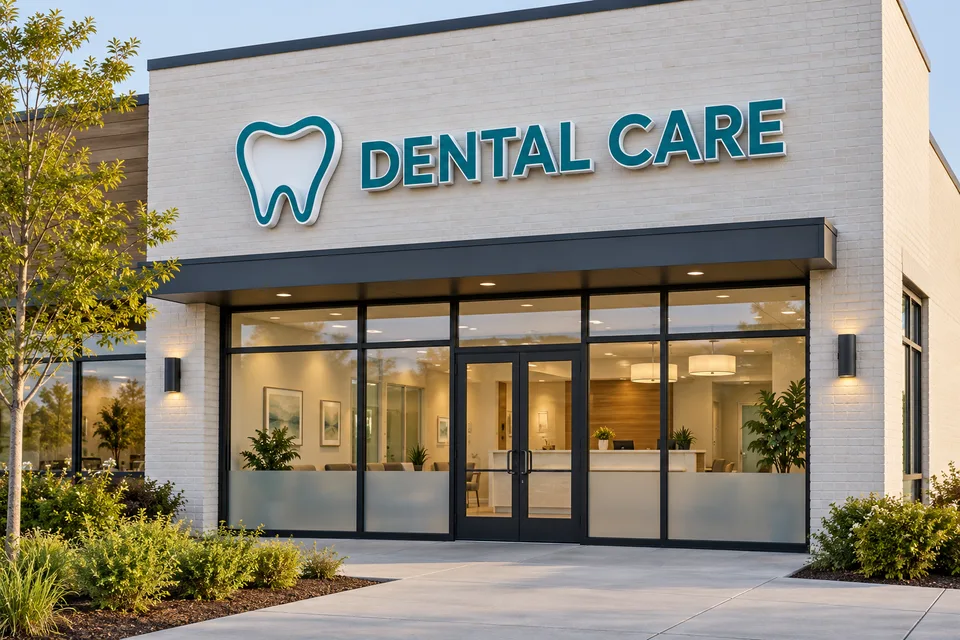 High Point Dental Signs — Teal dental care channel letters and a tooth symbol above a glass storefront with frosted privacy bands