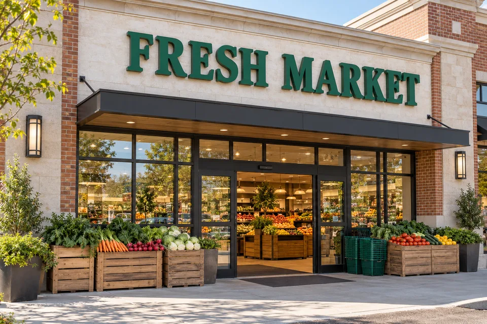 High Point Grocery Store Signs — Green FRESH MARKET dimensional letters above a grocery entrance with visible produce displays and shopping baskets