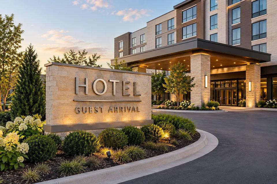 High Point Hotel Signs — Brushed-metal hotel arrival lettering on a stone monument beside a covered guest entrance