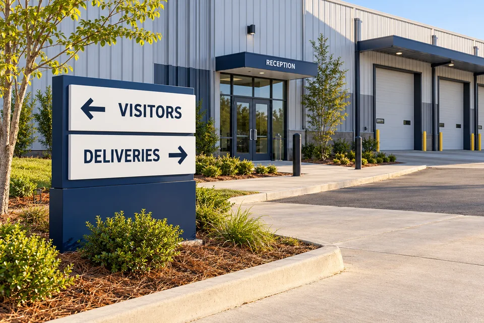 High Point Warehouse Signs — visitor and delivery directory beside an industrial reception entrance