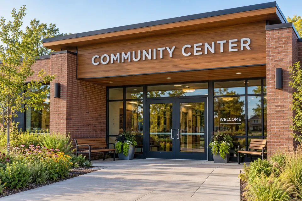 High Point Nonprofit Signs — COMMUNITY CENTER dimensional letters above a welcoming brick entrance with WELCOME window lettering and benches