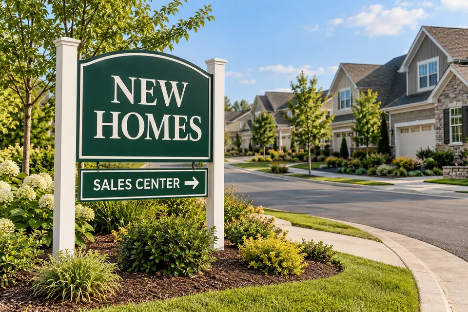 High Point Real Estate Development Signs — Green NEW HOMES post-and-panel sign with a SALES CENTER direction panel beside a landscaped residential development entrance