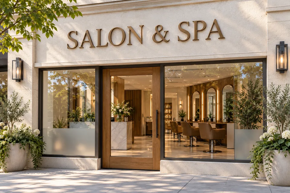 High Point Salon & Spa Signs — Bronze SALON & SPA lettering above a glass salon entrance with styling chairs, mirrors and frosted window panels